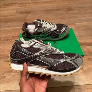 Bottega Veneta Brown Mesh and Silver Metallic Men’s Sneakers